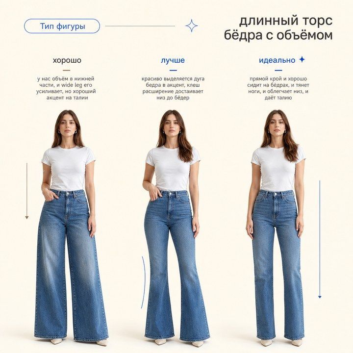 Длинный торс и бёдра с объёмом: wide leg, клеш и прямой