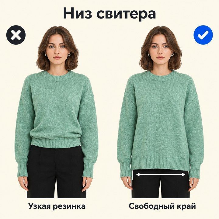 Мятный свитер: узкая резинка собирает напуск, свободный край падает ровнее