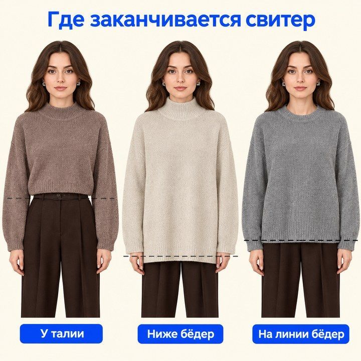 Три ориентира длины свитера: у талии, ниже бёдер и на линии бёдер