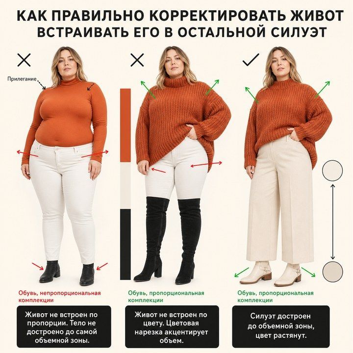 Тонкий верх и «худая» обувь при объёме в середине: живот выпирает контрастом