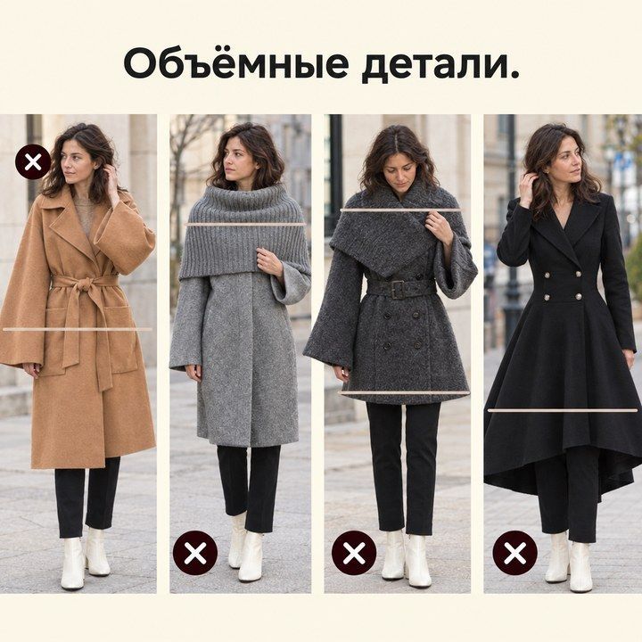 Четыре пальто с объёмными рукавами, воротниками и расклешённым подолом: четыре крестика у примеров