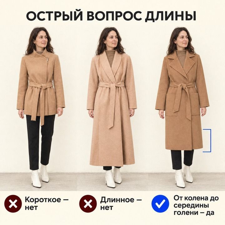 Короткое и длинное пальто отмечены крестиками, длина от колена до середины голени — галочкой, как в исходном сравнении