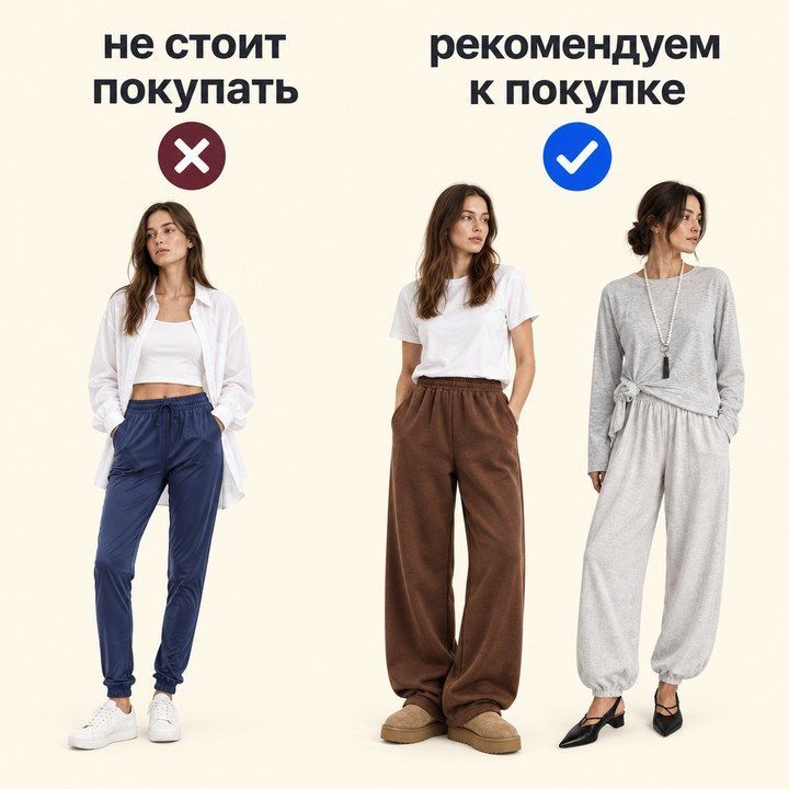 Тонкие трикотажные джоггеры: ткань не держит объём, складки грубые, силуэт проседает
