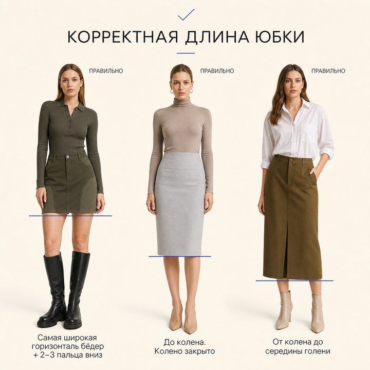 Три рабочие длины прямой юбки: мини с запасом, до колена закрыто, до середины голени