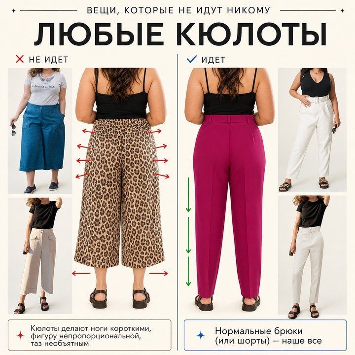 Короткие кюлоты: ширина плюс укорочение — бёдра тяжелеют, ноги короче