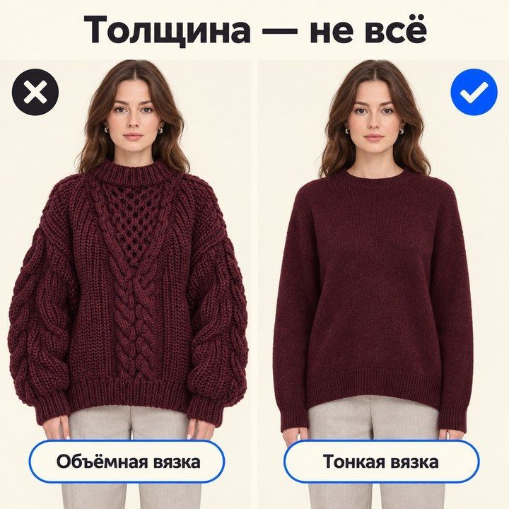 Бордовые свитеры объёмной и тонкой вязки: толщина различается, тепло нужно оценивать отдельно