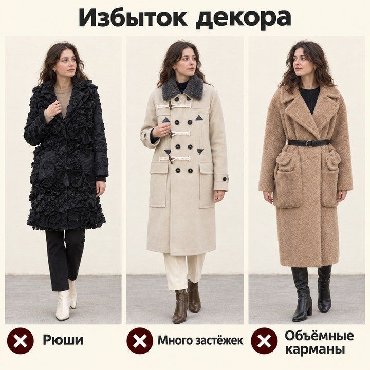 Три пальто с рюшами, множеством застёжек и объёмными карманами: у каждого крестик