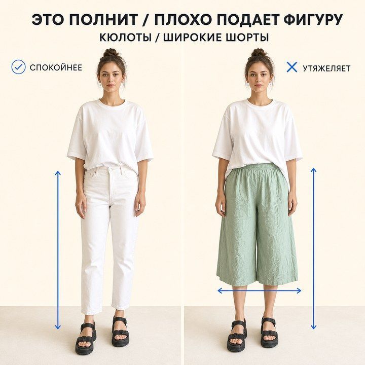 Кюлоты режут ногу и расширяют низ; прямые брюки тянут силуэт