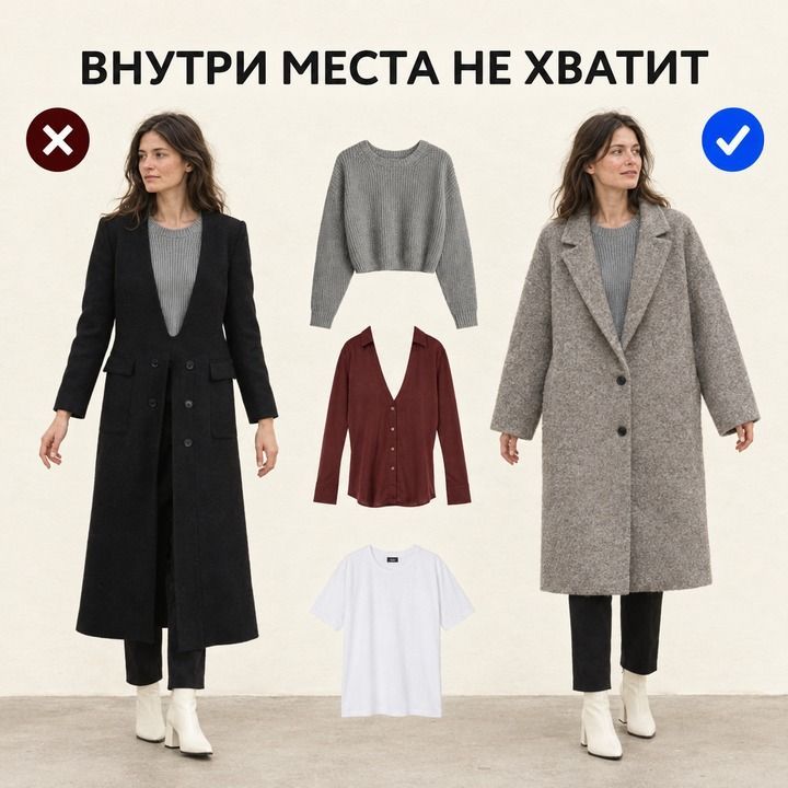 Узкое чёрное и свободное серое пальто с крестиком и галочкой; между ними свитер, кардиган и футболка