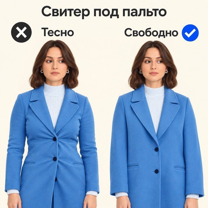 Одинаковое синее пальто поверх свитера: слева натяжение у застёжки, справа достаточно свободы