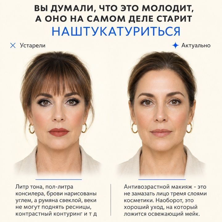 Тяжёлый «наштукатуренный» мейк утяжеляет лицо и добавляет возраст