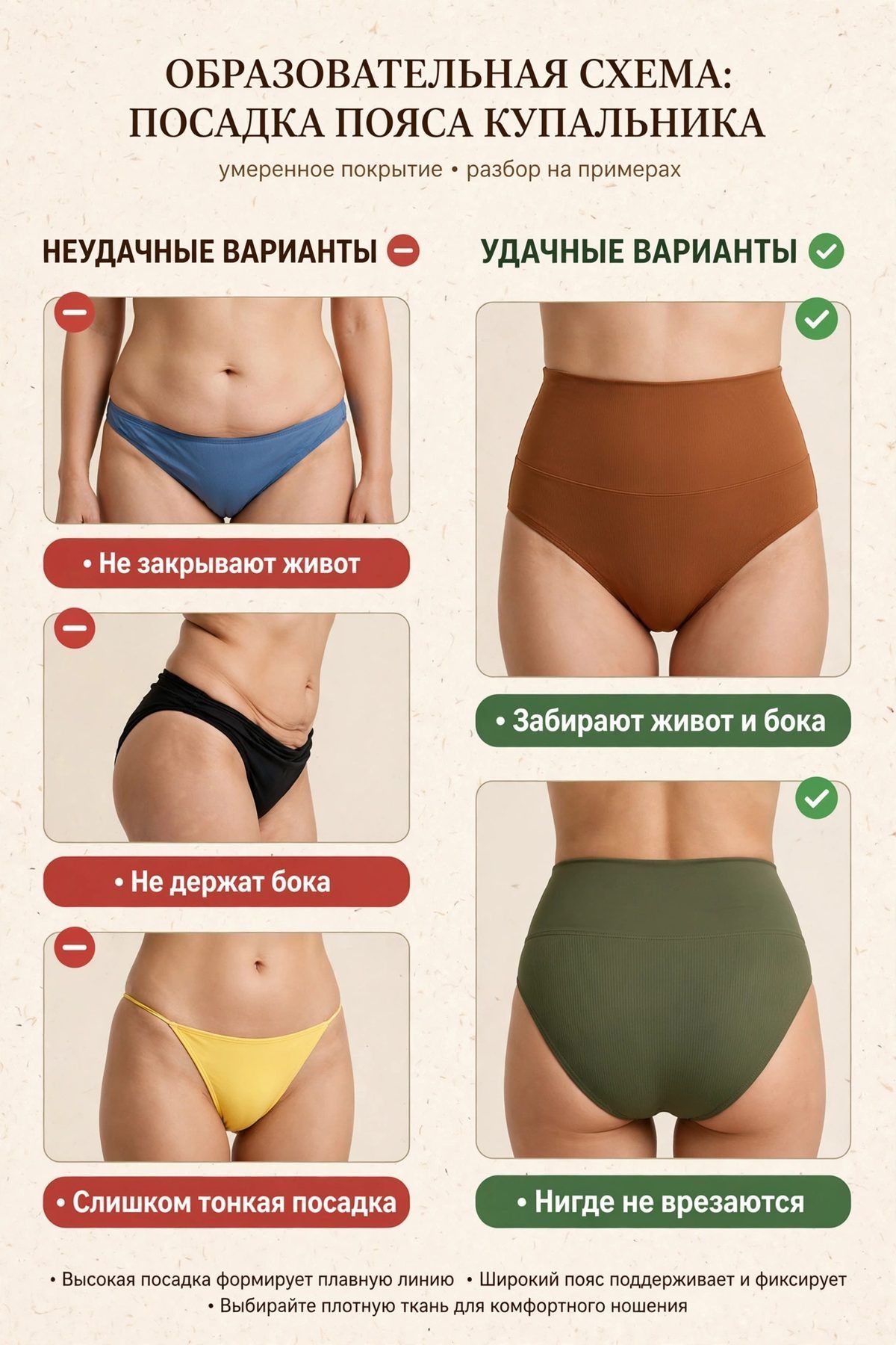 Плавки не закрывают живот, врезаются и не держат бока; удачные модели забирают объём и не врезаются