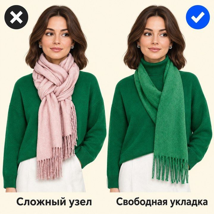 Сложный узел собирает ткань у шеи, свободная укладка распределяет её ниже