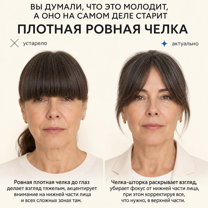 Плотная ровная чёлка до глаз утяжеляет взгляд и роняет фокус вниз