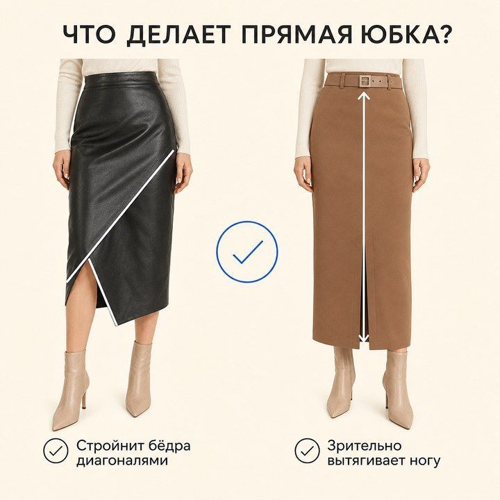 Диагональ и вертикаль: прямая юбка стройнит бёдра и вытягивает ногу