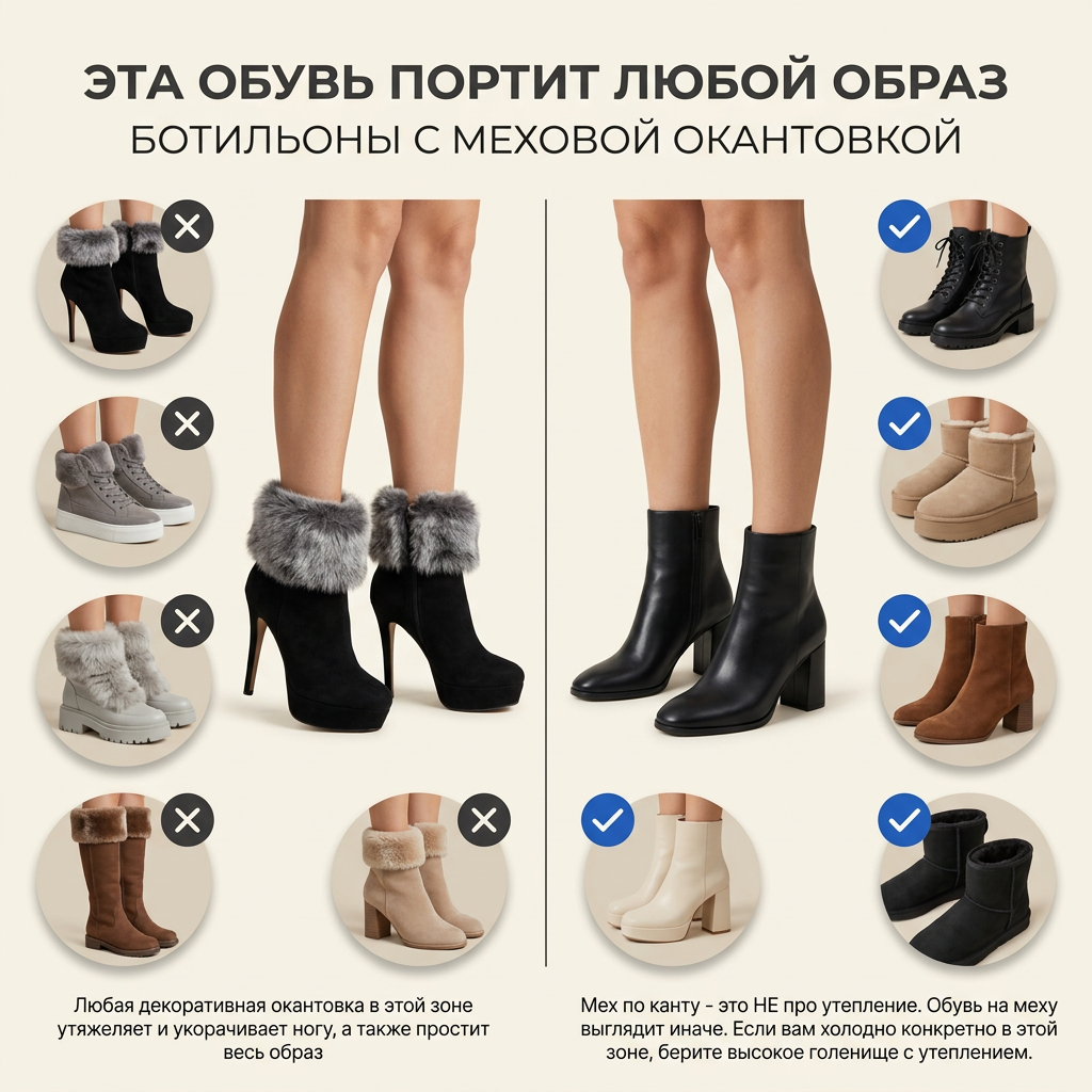Меховое кольцо на щиколотке утяжеляет низ и старит пару