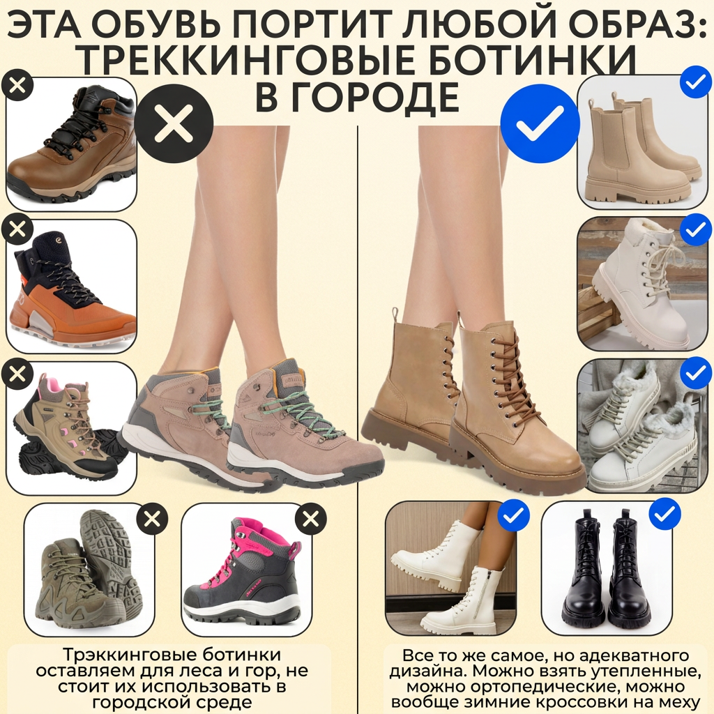 Треккинговые ботинки в городе спорят с пальто и шумят декором