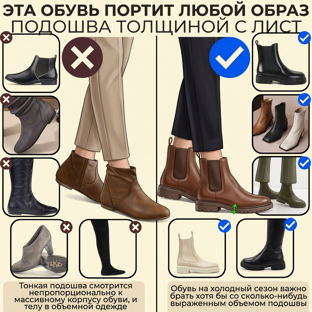 Подошва-лист зимой: мелкие ноги на фоне тяжёлого верха
